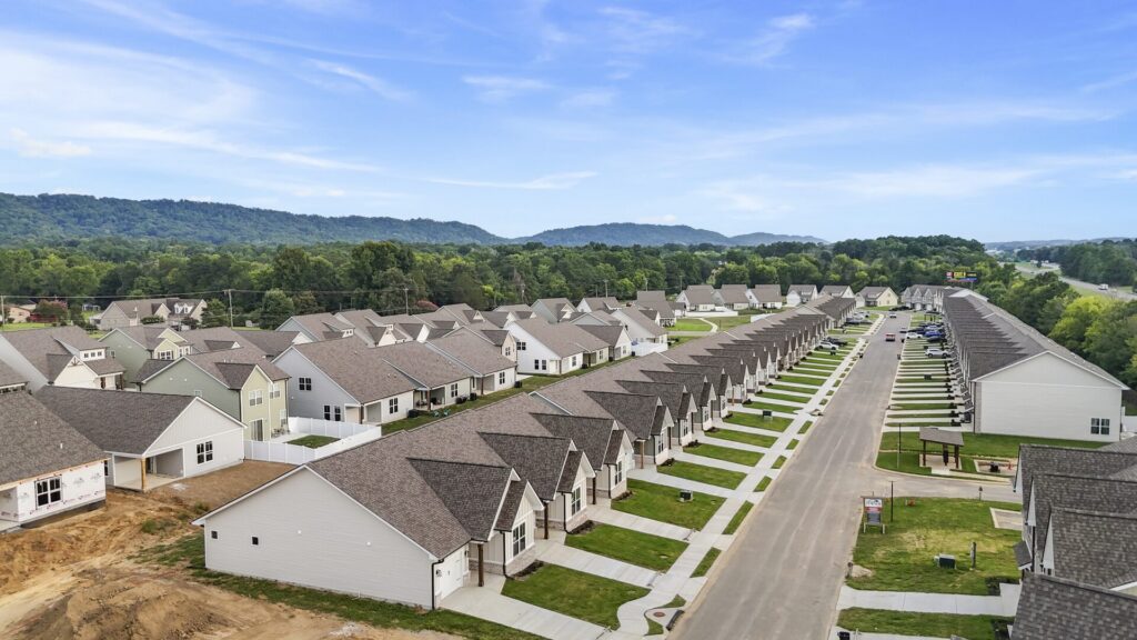 Aerial view of James Creek homes and streets in Ooltewah, TN by Turner Homes