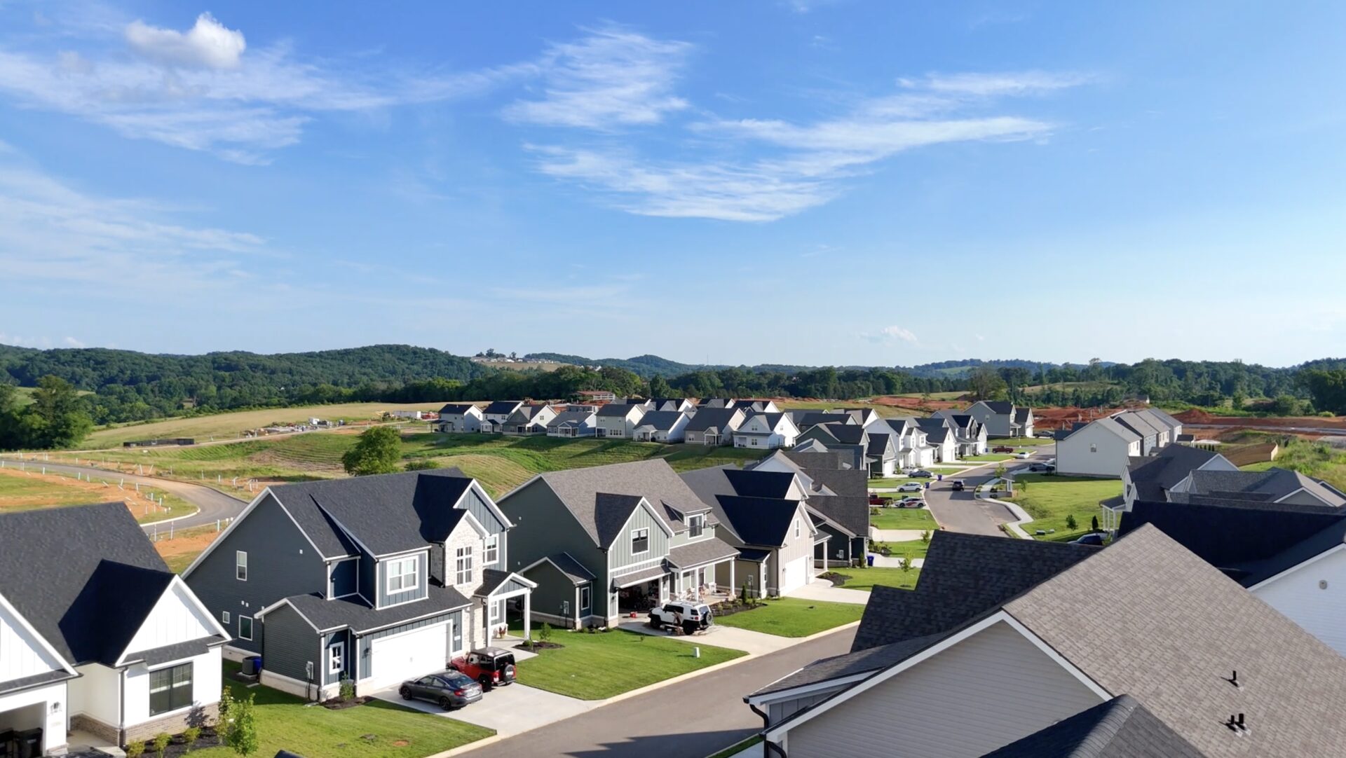 Aerial view of The Haven at Hardin Valley showing completed Phase 1 homes with Phase 2 homesites beyond